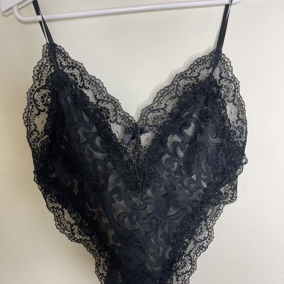 Vtg DELICATES Women's Black Floral Lace Teddy Romper Lingerie Tie Back 80's Sz S - Picture 3 of 8